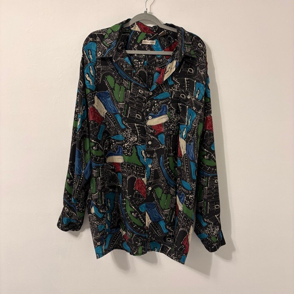 Burma Bibas 100% Silk Paris France Print Long Sleeve Shirt Size XL